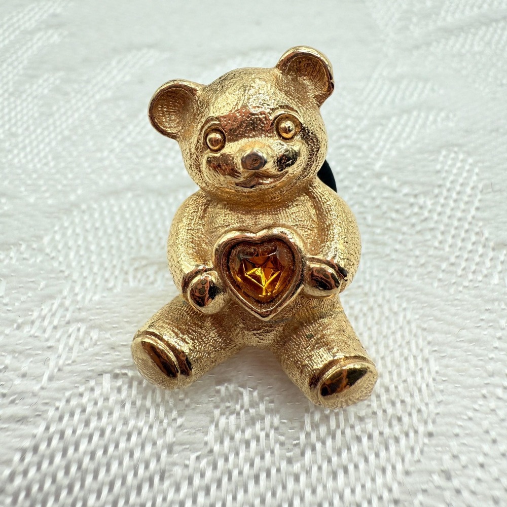 Vintage Avon Gold Tone Teddy Bear Lapel Tac Pin w/ Orange Yellow Rhinestone